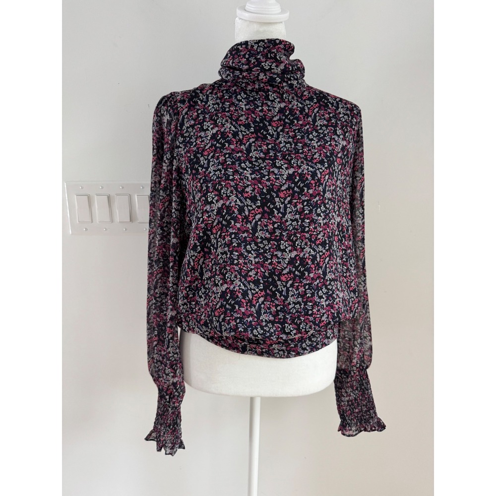 Evereve Floral Mock Neck Blouse Smocked Cuff Keyhole Back Top Medium